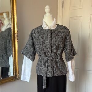 New York & Company Black and White Blazer with Tie Waist and Short Sleeves